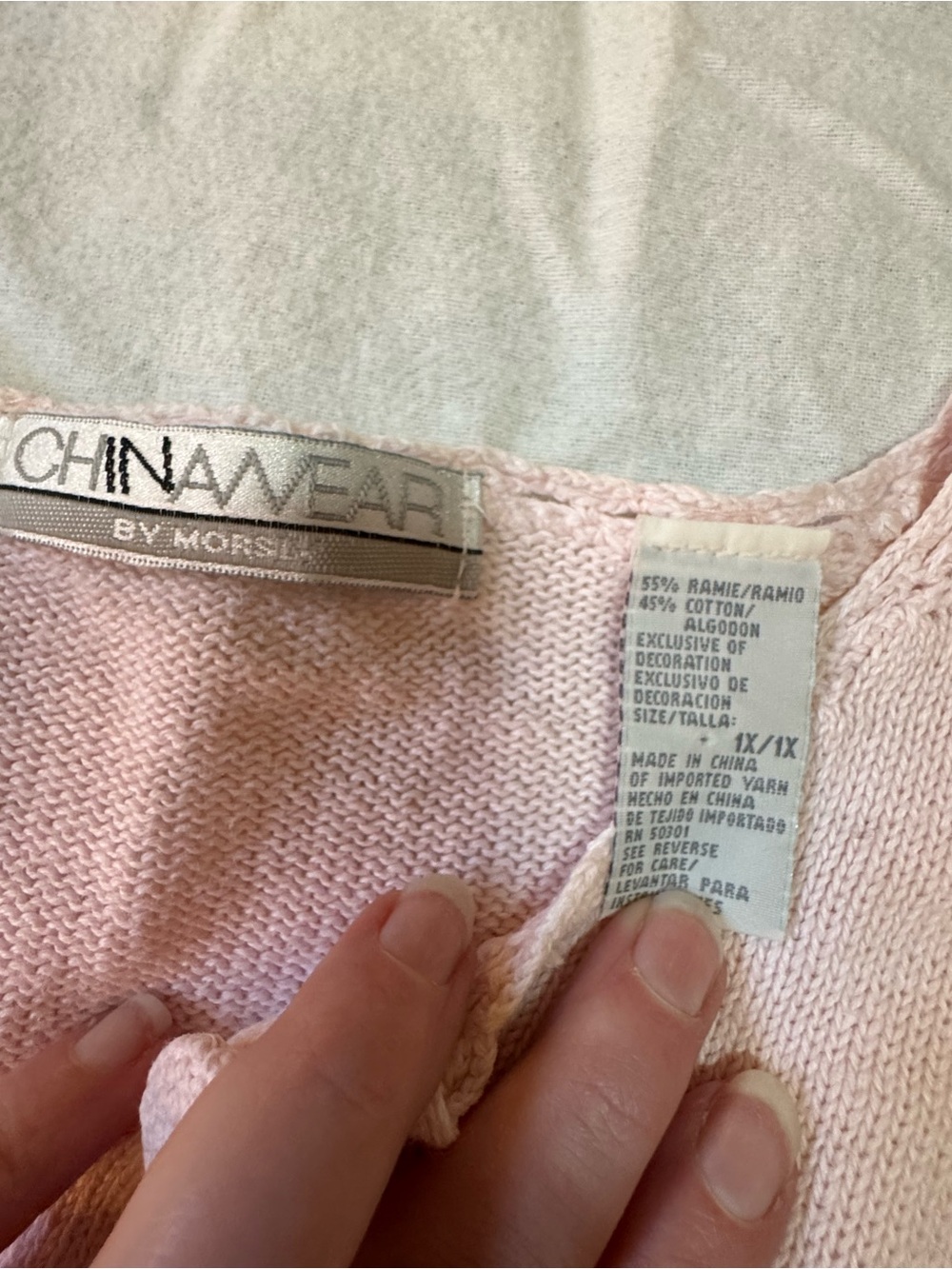 Vintage ChinaWear by Morsly 1X Pink Ramie Cotton Embroidered Knit Cardigan - Picture 2 of 6